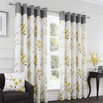 Image of Fusion Paige Watercolour Floral 100% Cotton Eyelet Lined Curtains, Ochre, 66 x 72 Inch, W168cm (66&quot;) D183cm (72&quot;)