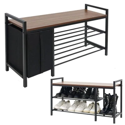 Image of DuneDesign Shoe Storage Bench with Basket 92x30x52 Metal Seat Small Entryway Rack Black Hallway Hall and Boot