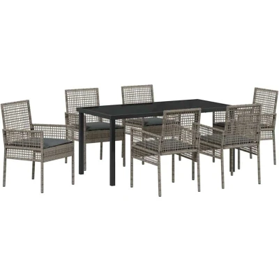 Image of vidaXL 7 Piece Garden Dining Set with Cushions Grey Poly Rattan