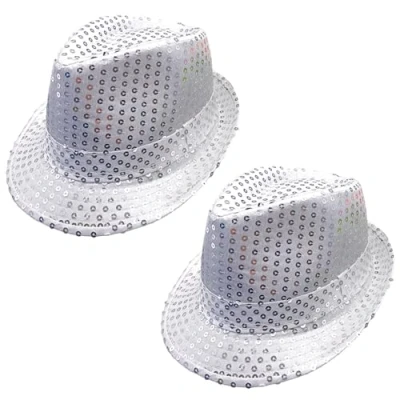 Image of FUIPVGI 2 Pcs Sequin Hat, Glitter Jazz Caps, Disco Hip Hop Hat Fancy Dress, Fedora Gangster for Dancers Rapper Cowboy Mardi Gras, Retro 70 Theme Dance Party (Silver)
