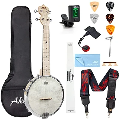 Image of AKLOT Banjo Ukulele Concert 23 inch Remo Drumhead Open Back Maple Body 1:15 Advanced Tuner with Two Way Truss Rod Gig Bag String Strap Picks