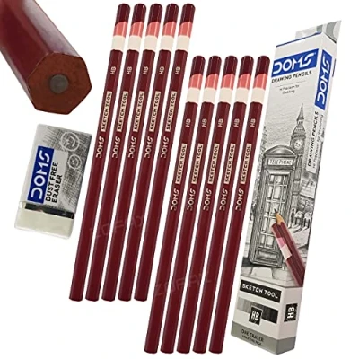 Image of ZOFAX SKETCHING PENCILS, Grade HB, Pack of 10, Professional Artist Drawing Pencils Eraser Set, Sketch Draw Tone Shade Write, Black Ball Pen