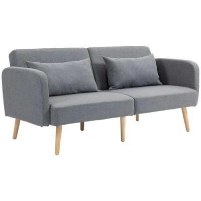 Image of HOMCOM 3/2 Seater Sofa Bed, Convertible Bed Settee, Modern Fabric Loveseat Couch with 2 Cushions for Living Room, Guest Grey