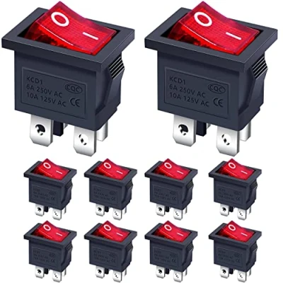 Image of Taiss/10Pcs Rocker Toggle Switch Red Light Illuminated ON/OFF DPST 4 Pin 2 Position KCD1 Snap AC 250V/6A 125V/10A 104N R