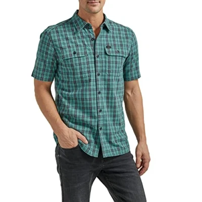 Image of Lee Men&#039;s Extreme Motion All Purpose Classic Fit Short Sleeve Button Down Worker Shirt, Orchid Plaid