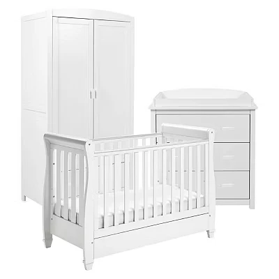Image of Babymore Eva 3 Piece Nursery Room Set White 1 Baby Cot Bed &amp; One 2 Door Wardrobe Having Full Size Drawer Chest Changer, Wooden Of Storage Cabinet Furniture