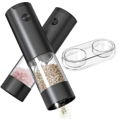 Image of CIRCLE JOY Salt and Pepper Grinder Set Electric, Battery Powered Spice Mills with Storage Base, Washable Container, White LED Light Adjustable Coarseness, Black