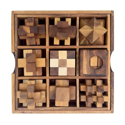 Image of Crafty Artisan wooden Puzzle Games Box Set of 9 Challenging Brain Teasers 3D Puzzles for Teens and Adults with Storage Box, IQ Test Handcrafted Game Gifts (Set 9)