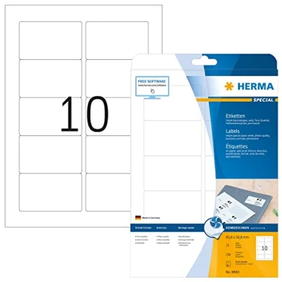 Image of HERMA Self Adhesive Multipurpose Inkjet Labels, 10 Labels per A4 Sheet, 25 Sheets, 83.8 x 50.8 mm, 250 Blank Universal Stickers, Sticky for Printer, White