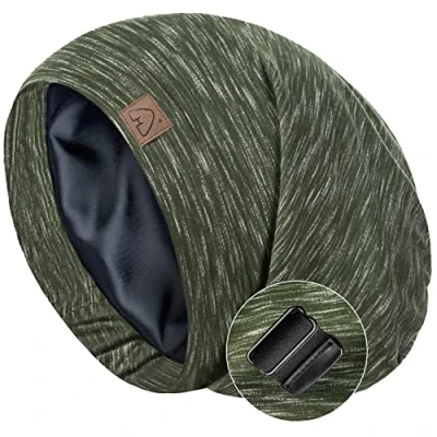 Image of Hat Hut Silk Satin Sleep Cap Bonnet Hair Cover for Sleeping Lined Beanie Natural Curly Adjustable Night (Heather Green)