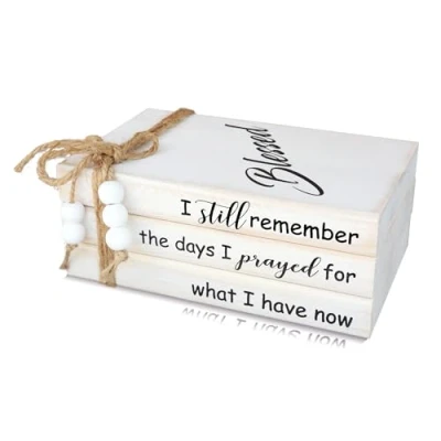 Image of GNIYNAY Wooden Rustic White Decorative Books Stack for Coffee Table Faux Home Decoration Modern Farmhouse Bookshelf Mantle Decor I Still Remember the Days Prayed