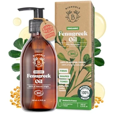Image of Bionoble Organic Fenugreek Oil 200ml Oily Macerate made with Sunflower 100% Pure and Natural Body, Chest, Buttocks, Hair Glass Bottle + Pump
