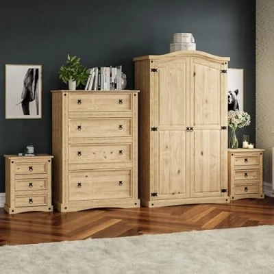 Image of Vida Designs Corona Solid Pine Wood Bedroom Furniture Sets 4 Piece Bedside Cabinet, Chest Of Drawer &amp; Wardrobe (4D chest, 3D x2 2D Wardrobe)