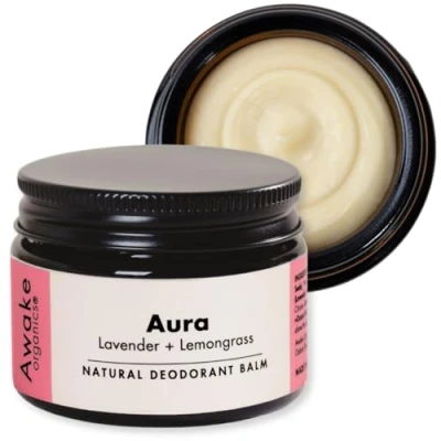 Image of Awake Organics Natural Deodorant Balm Aura (GLASS JAR), 55g. Extra Strength. Lavender + Lemongrass. No Aluminium, Plastic Free, Cruelty Free. With Bicarb (Baking Soda) &amp; Beeswax. Made in England.