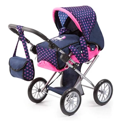 Image of Bayer Design 13654AA City Star in modern unicorn design, combi pram, with removable carrycot and shoulder bag, adjustable handle, for dolls up to 46cm, blue pink