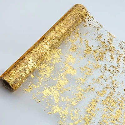 Image of Snowkingdom 30M Glitter Metallic Gold Table Runner 11 Inch x 100 Feet Thin Mesh Sparkle Roll Decorations for Wedding Bridal Shower, Baby Birthday Party