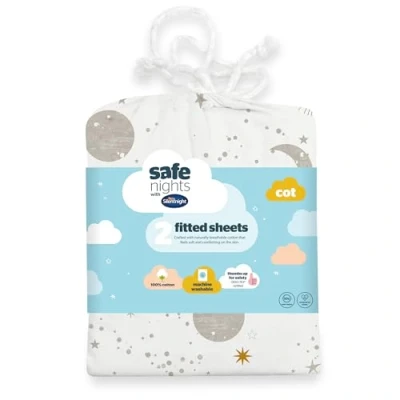 Image of Silentnight Safe Nights Cot Size Fitted Sheets Set 100% Jersey Cotton Bedside Compatible Pack of Two Celestial Easy Care Super Soft Cuddly for Baby with Storage Bag, 60 x 120 12cm,
