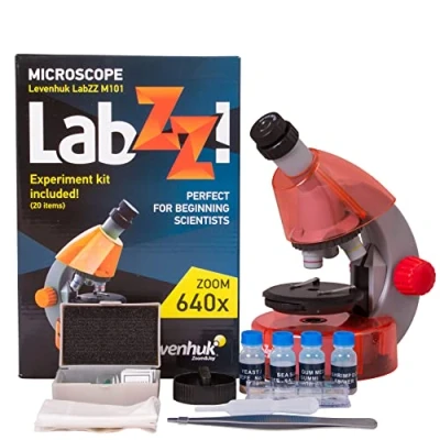 Image of Levenhuk LabZZ M101 Orange 40x 640x Powerful Portable Outdoor Beginner Kids Toy Microscope Kit for Early Education with LED Light, Book on Experiments, Prepared Sample Slides, STEM Accessories (EN)