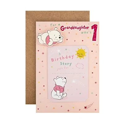 Image of Hallmark 1st Birthday Card for Granddaughter Cute Disney Winnie the Pooh Design with Keepsake Booklet