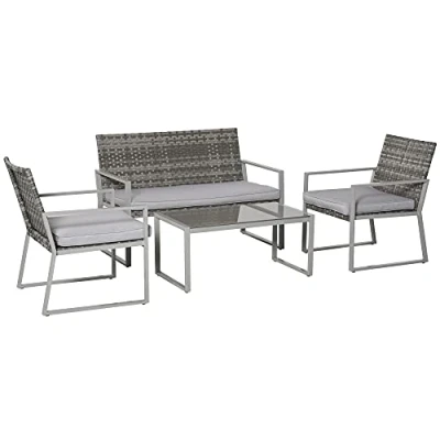 Image of Outsunny 4PC Rattan Garden Furniture Set 2 Single Sofa Arm Chairs 1 Bench with Cushions &amp; Coffee Table Patio Backyard Wicker Weave