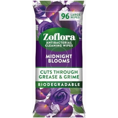 Image of Zoflora Midnight Blooms Biodegradable Wipes, Antibacterial Multi surface Cleaning Kills 99,9% of Bacteria &amp; Viruses, Convenient, Quick Cleaning, 1 Pack (96 Sheets)