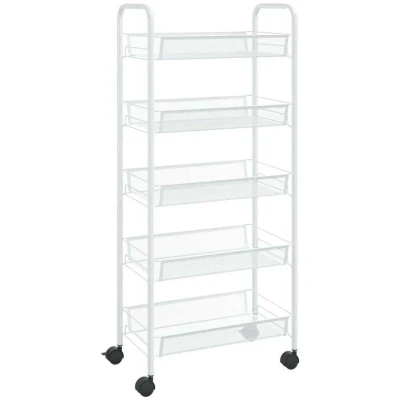 Image of vidaXL 5 Tier Iron Kitchen Trolley in White Compact and Durable Mobile Storage Cart with Lockable Wheels Removable Mesh Baskets