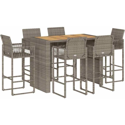 Image of vidaXL 7 Piece Garden Bar Set Poly Rattan &amp; Acacia Weather Resistant Outdoor Furniture Grey Patio/Deck/Garden 6 Stools, 1 Table Comfortable Seating, Easy Assembly