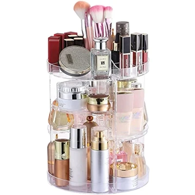 Image of Cq acrylic 360 Degree Rotating Makeup Organizer for Bathroom,4 Tier Adjustable Spinning Cosmetic Storage Cases and Make Up Holder Display Cases,Clear