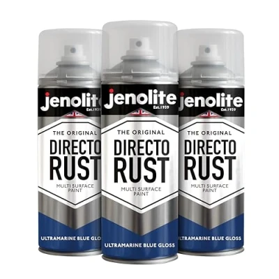 Image of JENOLITE Directorust Gloss Spray Paint ULTRAMARINE BLUE 3 x 400ml Direct To Rust For Metal Multi Surface Wood, Metal, Plastic, Ceramic RAL 5002