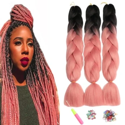 Image of ShowJarlly Box Braid Hair Extensions, 24inch Ombre Jumbo Hair, 3Packs Synthetic Braiding Extension Afro Extensions for Crochet Twist Braids Black/Pink#