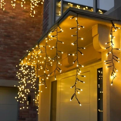 Image of Festive Lights ConnectPro® 2m Connectable Christmas Cluster Icicle 150 Warm White LEDs Mains Operated IP65 Outdoor/Indoor Decoration Heavy Duty Black Rubber Cable (Without Plug)