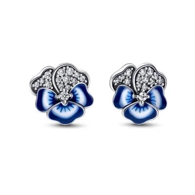 Image of Pandora Moments Pansy sterling silver stud earrings with clear cubic zirconia and shaded blue white enamel