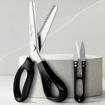 Image of Handi Stitch Pinking Shears with Snippers 9 inch/22.86cm Overall Length Black Handle Zigzag Fabric Scissors Razor Sharp Stainless Steel Dressmaking Scissor for Sewing, Tailoring, Paper, Crafts