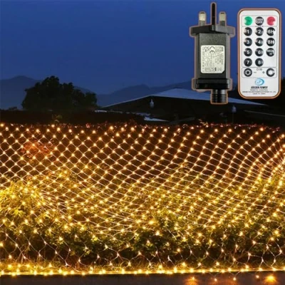 Image of TIYUPA 204 LED Net Lights Outdoor, 3M x 2M Mesh Fairy String Mains Powered Plug in, 8 Modes Weatherproof Garden Curtain Light, Christmas Decorative for Balcony Fence Backyard (Warm White)