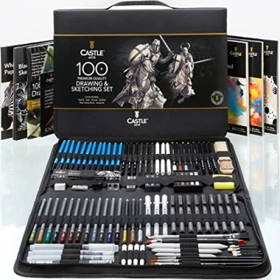 Image of Castle Art Supplies 100 Piece Drawing &amp; Sketching Set Graphite, Charcoal, Pastel, Metallic Water Soluble Pencils + Sticks, Fineliners For Professionals, Adult Artists In Tough Travel Case