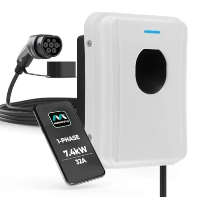Image of Masterplug Smart EV Home Wall Charger for Type 2 Electric and Plug In Hybrid Vehicles, Tethered with 5m Cable, Mode 3, App Control, Solar Charging, Single Phase, White, IP65, 7.4kW, 32A, EVCM3ST7W MP