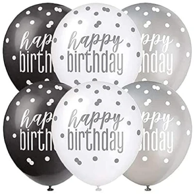 Image of Premium Glitz Black, Silver &amp; White Happy Birthday Latex Balloons (30cm) Perfect for Stylish Party Decorations 6ct