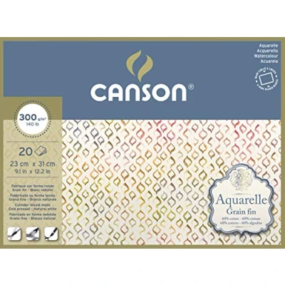 Image of CANSON Aquarelle Watercolour Cold Pressed 300gsm Paper, Block Glued 4 Sides, 23x31cm Natural White 20 Sheets, Ideal for Professional Artists