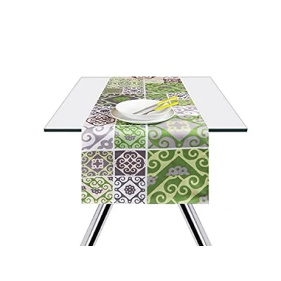 Image of Excelsa Maiolica Green Table Runner Tablecloth, 100% Cotton. 140 x 45 cm