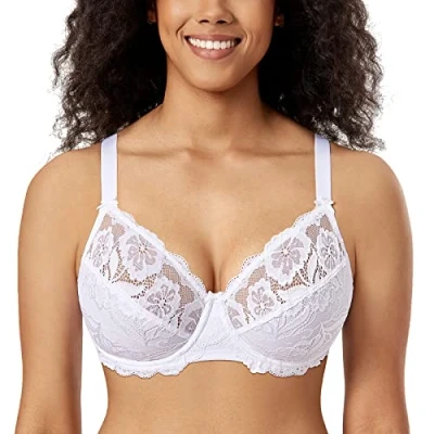Image of Delimira Women&#039;s Full Coverage Non Foam Floral Lace Plus Size Underwired Bra White 44B