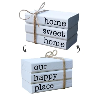 Image of LIVDUCOT Farmhouse Mini White Decorative Books for Tiered Tray Decor Wooden Book Stack Faux Coffee Table Living Room Decoration Small Shelf Accent