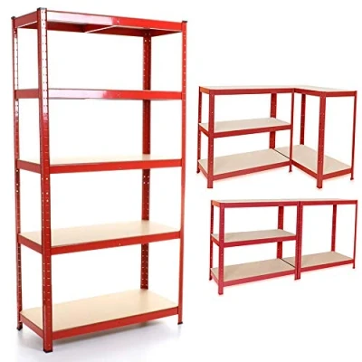 Image of BRIEFNESS Shelving Unit for Garage Shed Storage, 5 Tier Shelf Unit, Boltless Racking, Free Standing Work Bench, Heavy Duty Metal and MDF Shelves, 875kg Capacity, H 180 x W 90 D 40 Cm Red
