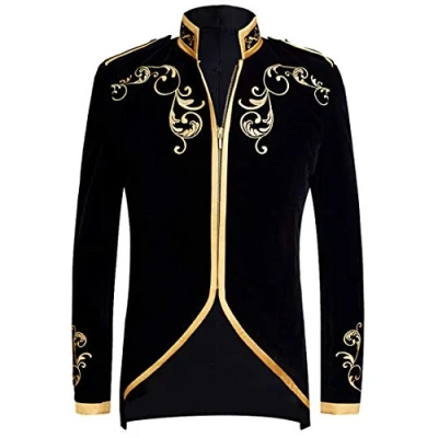 Image of PYJTRL Mens Stylish Court Prince Black Velvet Gold Embroidery Blazer Suit Jacket (Black, US 42R)