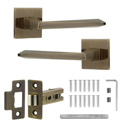 Image of Decoranddecor Antique Brass Door Handles Internal Aluminium Handle Sets for Wooden Interior Doors with Tubular Mortice Latch Leda Range