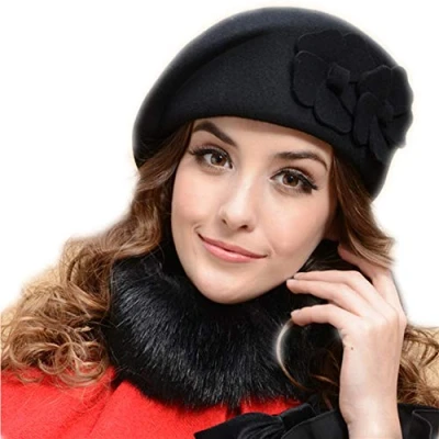 Image of Wool Beret Hat, Adjustable Women Warm Flower Cap French Style Beanie Hat Winter Vintage for Floppy Artist Painter (Black)