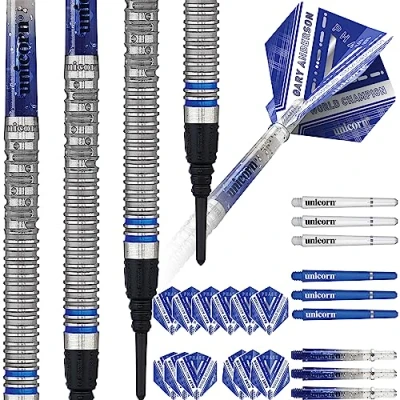 Image of Unicorn Soft Tip Darts Set Gary &#039;The Flying Scotsman&#039; Anderson Phase 5 World Champion 70% Natural Tungsten Barrels with Blue Accents 18 g