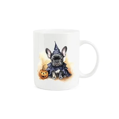 Image of Purely Home Frenchie Mug Halloween Pumpkins French Bulldog Gift/Present Tea Coffee White Bone China for Dog Lovers