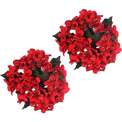 Image of Gisela Graham Red &amp; Green Fabric Hydrangea Candle Ring Small (Set of 2)