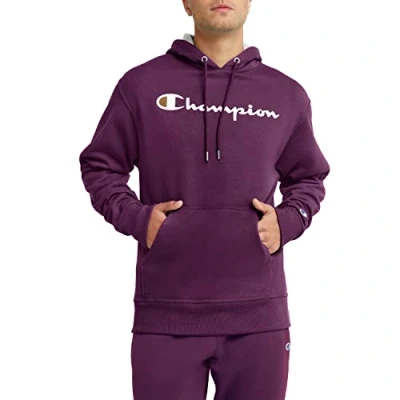 Image of Champion Men&#039;s, Powerblend, Fleece Hoodie, Comfortable Sweatshirt, Logo (Reg. Or Big &amp; Tall) Hooded, Plum Port Script, XL