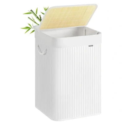 Image of SONGMICS Laundry Basket, 95 L, Hamper, Bin with Lid, Bamboo, Foldable, Removable and Machine Washable Liner Bag, for Room, Bedroom, White LCB060W01